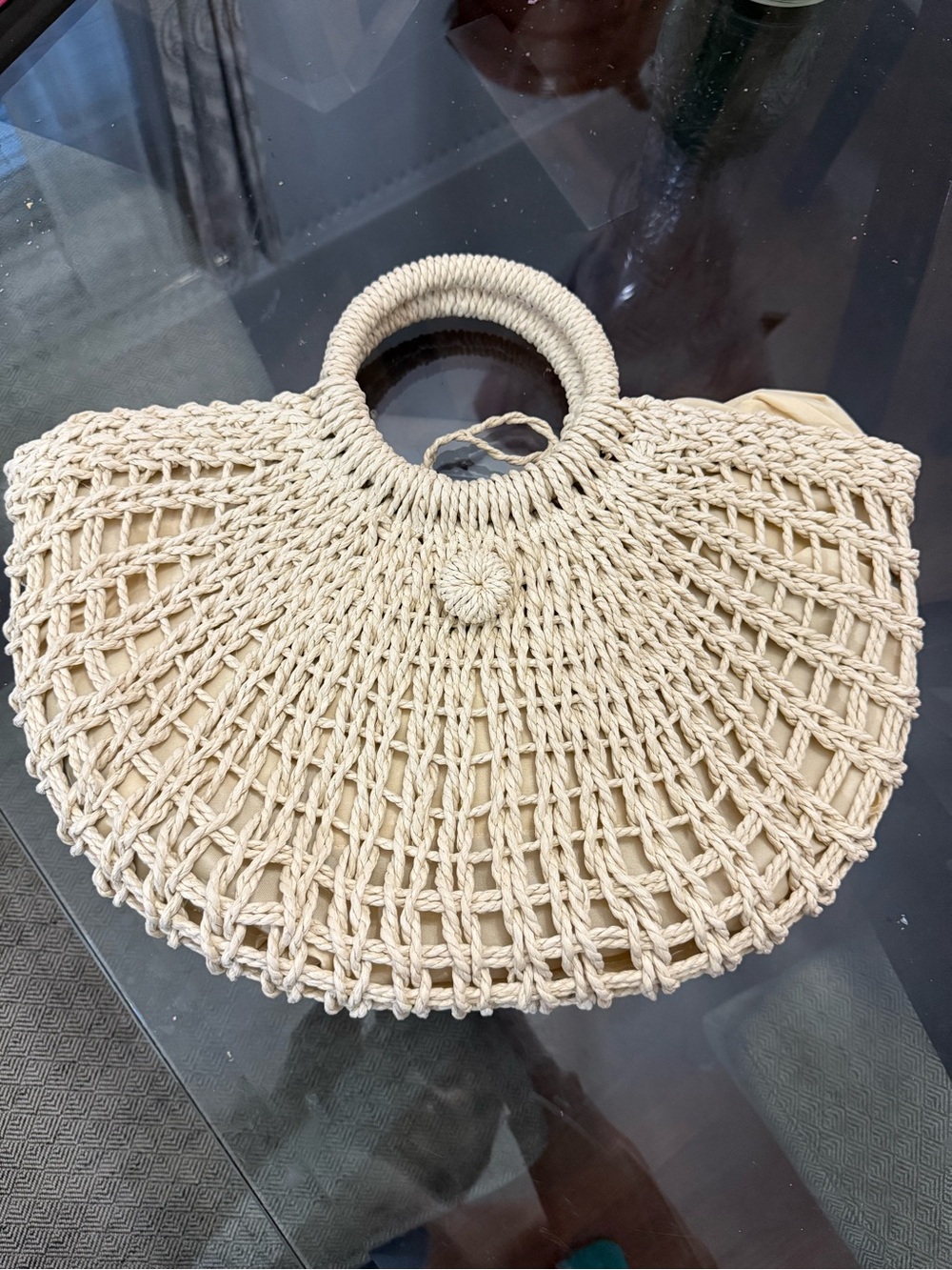 Woven Cream Crochet Circle Handle Tote